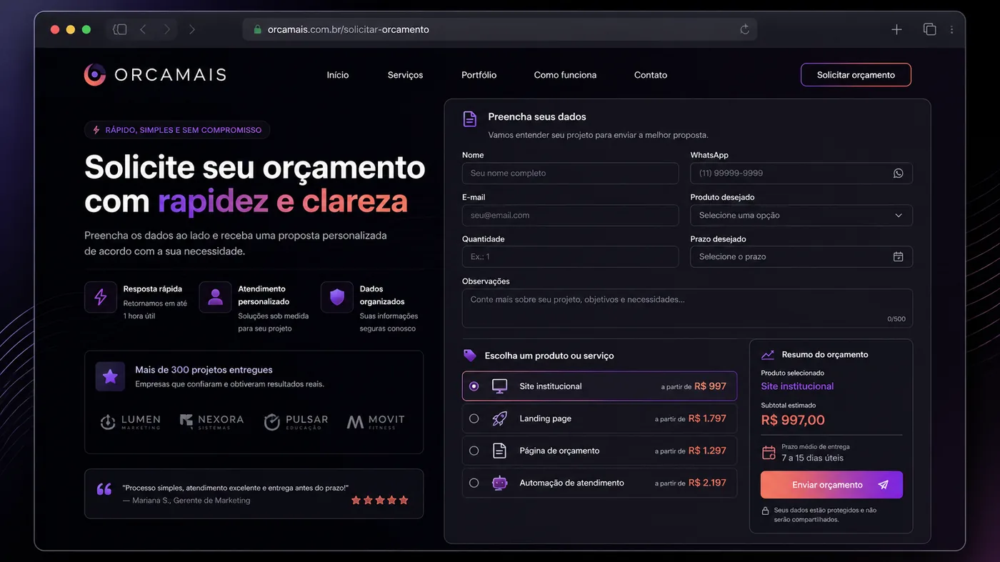 Exemplo visual de página para solicitação organizada de orçamento